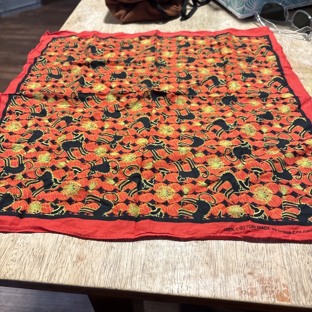 Vintage Bandana Cotton Red Orange Pumpkin Black Cats Handkerchief 20x20 RN13960